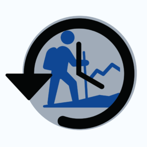 History Hikers Tent logo with a blue image of a hiker and a black clock
